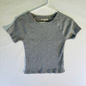 American Eagle Gray Floral Cottage Crop Top Stretch Ribbed Womens XS